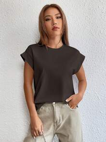 SHEIN Essnce Solid Batwing Sleeve Tee - Chocolate Brown - View 4