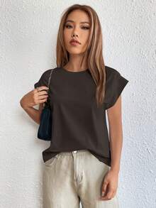 SHEIN Essnce Solid Batwing Sleeve Tee - Chocolate Brown - View 5