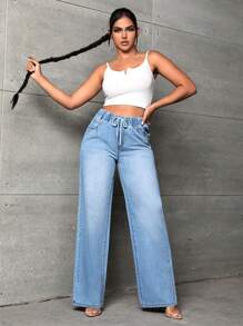 SHEIN SXY Quần jean nữ Dây kéo Túi màu trơn - Rửa nhẹ - Xem 2