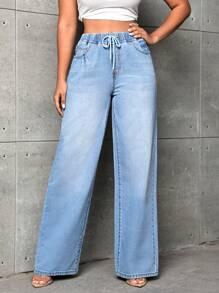 SHEIN SXY Quần jean nữ Dây kéo Túi màu trơn - Rửa nhẹ - Xem 4