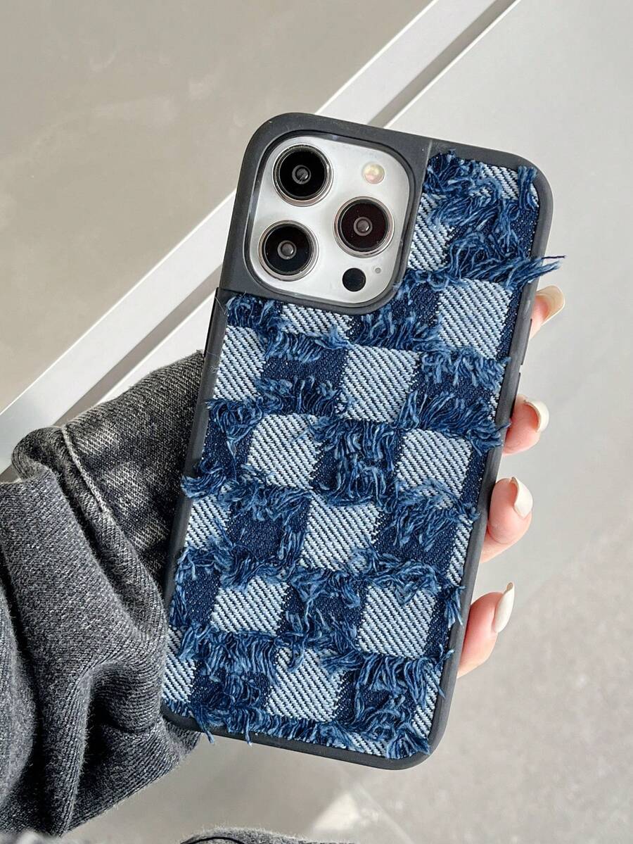 格紋印花手機殼頹廢搖滾手機殼 - 藍白色 - 查看 1