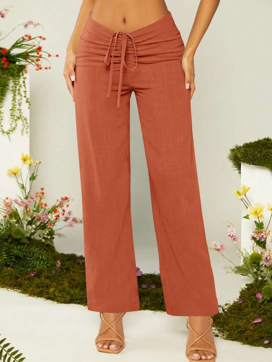 SHEIN Clasi Quần nữ Dây kéo Thắt nút Xù màu trơn Giải trí - Màu Cam cháy - Xem 1