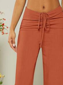 SHEIN Clasi Quần nữ Dây kéo Thắt nút Xù màu trơn Giải trí - Màu Cam cháy - Xem 3