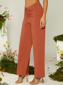 SHEIN Clasi Quần nữ Dây kéo Thắt nút Xù màu trơn Giải trí - Màu Cam cháy - Xem 4