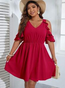 SHEIN VCAY Vestido de hombros descubiertos ribete con fruncido - Burdeos - Ver 2