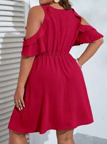 SHEIN VCAY Vestido de hombros descubiertos ribete con fruncido - Burdeos - Ver 4