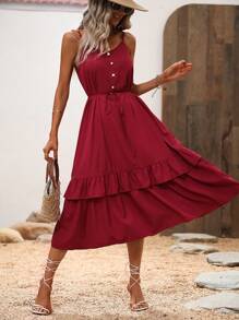 SHEIN VCAY Button Detail Ruffle Hem Belted Cami Dress - Red - View 1