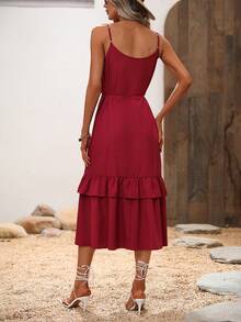 SHEIN VCAY Button Detail Ruffle Hem Belted Cami Dress - Red - View 2