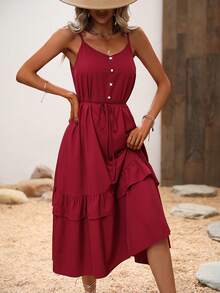 SHEIN VCAY Button Detail Ruffle Hem Belted Cami Dress - Red - View 4