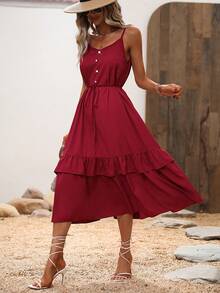 SHEIN VCAY Button Detail Ruffle Hem Belted Cami Dress - Red - View 5