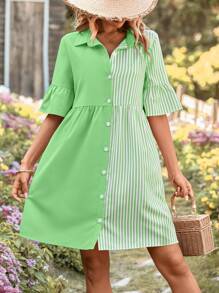 SHEIN VCAY 條紋印花荷葉袖襯衫連衣裙 - 綠色 - 查看 1