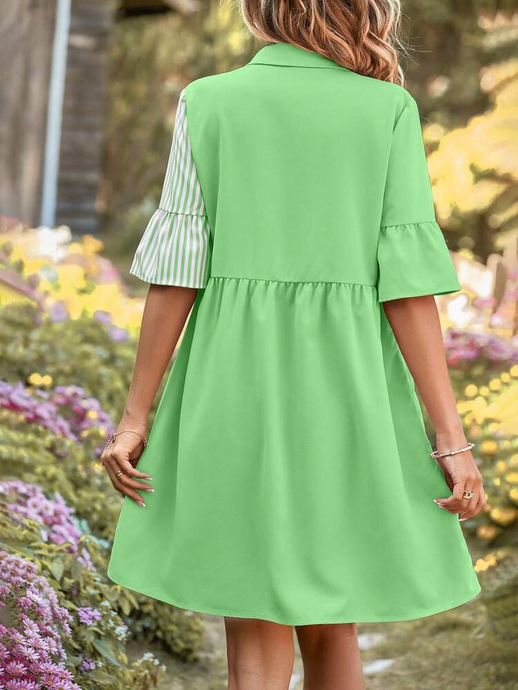 SHEIN VCAY Đầm Xù Nút phía trước Sọc Dễ thương - màu xanh lá - Xem 2