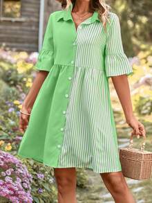 SHEIN VCAY 條紋印花荷葉袖襯衫連衣裙 - 綠色 - 查看 3