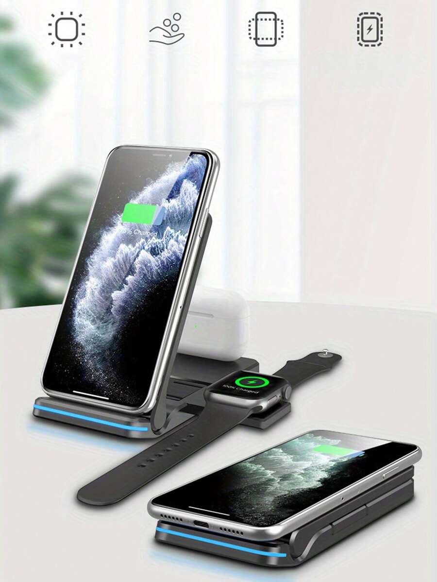 1 cargador inalámbrico 3 en 1 compatible con AirPods, iPhone y Apple Watch - Negro - Ver 1