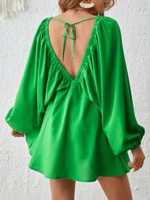 SHEIN VCAY Plunging Neck Lantern Sleeve Ruched Bust Dress - Green - View 2