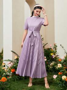 Modelyn Váy Ả Rập Thắt lưng Dây kéo Xếp li màu trơn Thanh lịch - Màu Lilac Tím - Xem 1