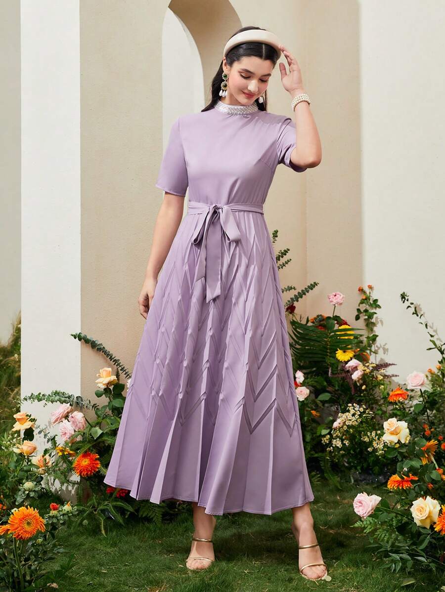 Modelyn Váy Ả Rập Thắt lưng Dây kéo Xếp li màu trơn Thanh lịch - Màu Lilac Tím - Xem 1