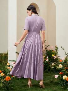 Modelyn Váy Ả Rập Thắt lưng Dây kéo Xếp li màu trơn Thanh lịch - Màu Lilac Tím - Xem 2