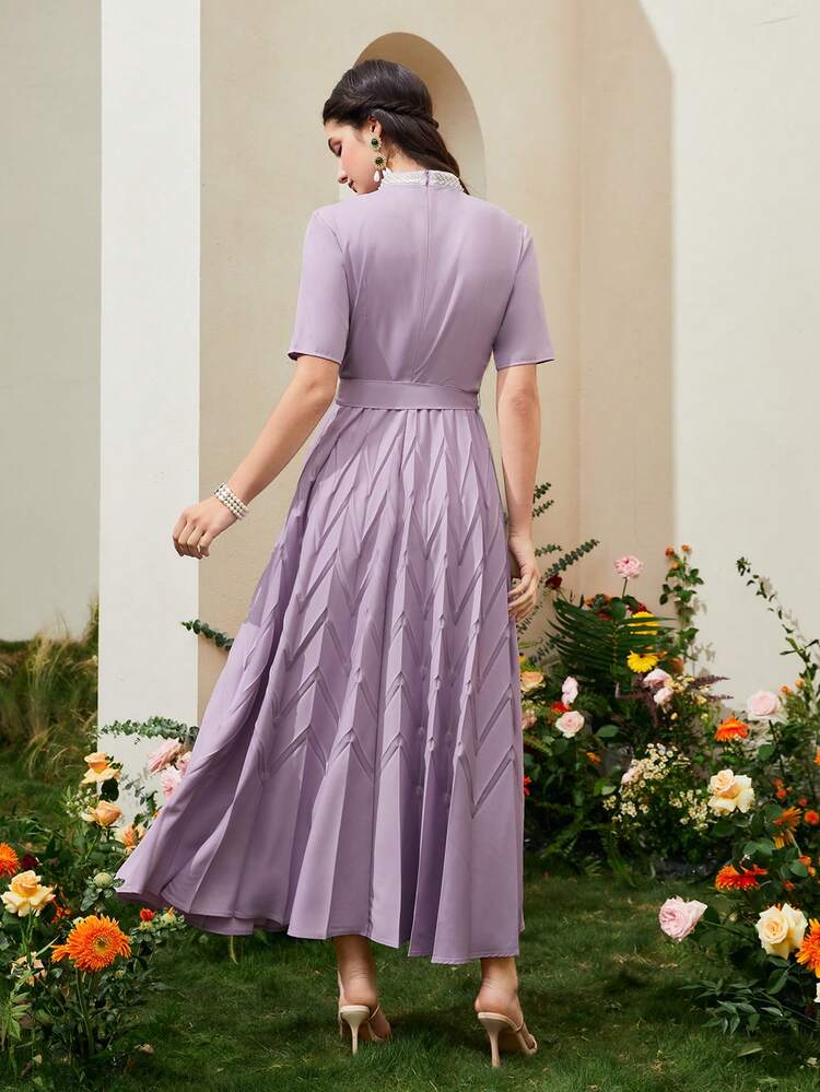 Modelyn Vestido con cinturón con cuenta con perla de cuello alto - Lila Púrpura - Añade 2