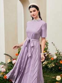 Modelyn Váy Ả Rập Thắt lưng Dây kéo Xếp li màu trơn Thanh lịch - Màu Lilac Tím - Xem 3