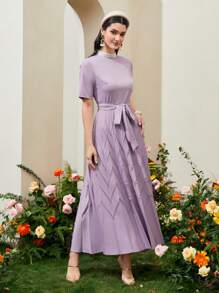 Modelyn Váy Ả Rập Thắt lưng Dây kéo Xếp li màu trơn Thanh lịch - Màu Lilac Tím - Xem 5