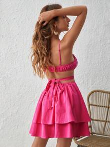 Soleia Twist Front Cut Out Waist Two Layer Hem Cami Dress - Hot Pink - View 2