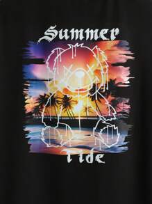 Manfinity Chillmode Hombres Camiseta de hombros caídos con estampado de slogan y dibujos animados - Negro - Ver 3