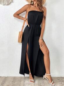 SHEIN VCAY Split Thigh Tube Jumpsuit - Black - View 1