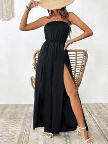 SHEIN VCAY Split Thigh Tube Jumpsuit - Black - View 3