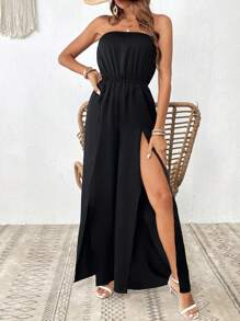 SHEIN VCAY Split Thigh Tube Jumpsuit - Black - View 4