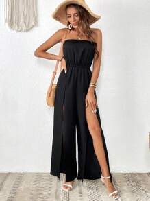 SHEIN VCAY Split Thigh Tube Jumpsuit - Black - View 6