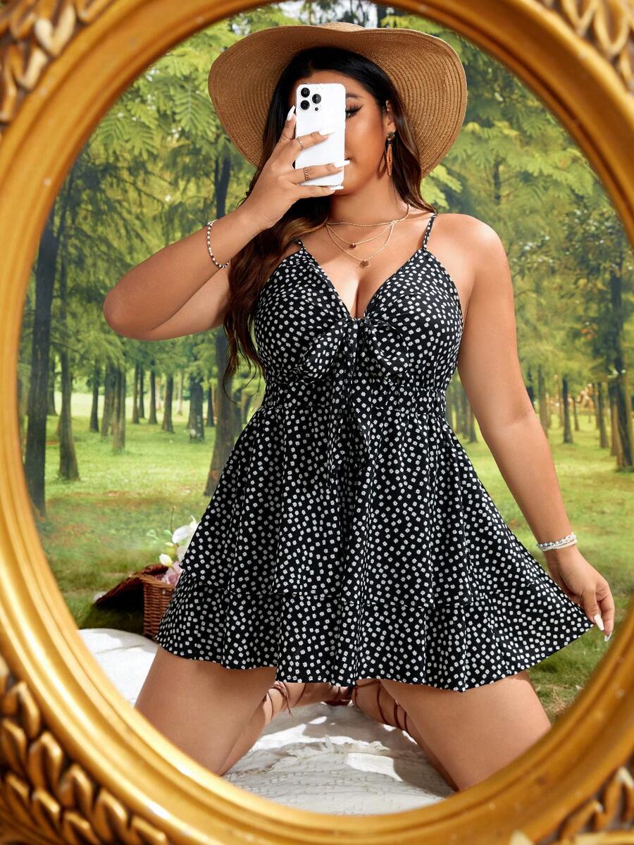 SHEIN VCAY Jumpsuits Plus Size Viên lá sen Thắt nơ trước Họa tiết hoa Boho - màu đen - Xem 1