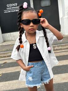 SHEIN 小女童字母圖案落肩袖襯衫 - 白色 - 查看 4