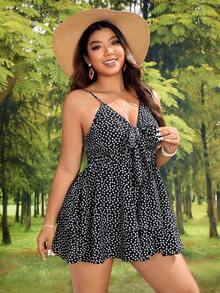 SHEIN VCAY Jumpsuits Plus Size Viên lá sen Thắt nơ trước Họa tiết hoa Boho - màu đen - Xem 3