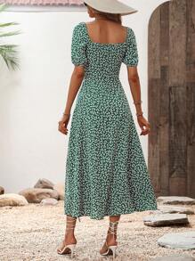 Breezaya Ditsy Floral Print Knot Front Split Thigh Dress Maxi Vacation Beach Outfits Women - Green - View 2
