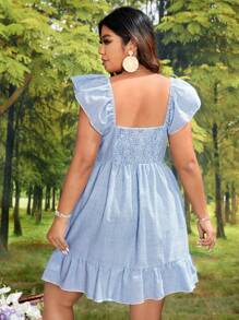 SHEIN VCAY 大码波西米亚风条纹印花纽扣前褶边下摆连衣裙，适合夏季 - 藍色 - 查看 2