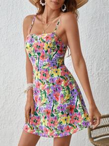 Soleia 印花後背繫帶吊帶洋裝