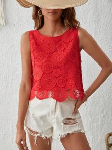 SHEIN VCAY Solid Guipure Lace Sleeveless Blouse - Red - View 1
