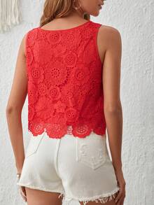 SHEIN VCAY Solid Guipure Lace Sleeveless Blouse - Red - View 2