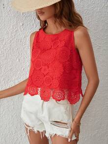 SHEIN VCAY Solid Guipure Lace Sleeveless Blouse - Red - View 4