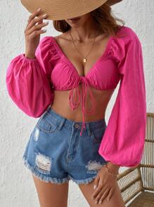 Soleia Áo nữ Xù Thắt nơ trước màu trơn Gợi cảm - Màu Hồng Tươi - Xem 1