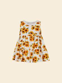 SHEIN Top con dobladillo con volantes y estampado de girasoles, pantalones cortos y gorro para bebé - Multicolor - Ver 4