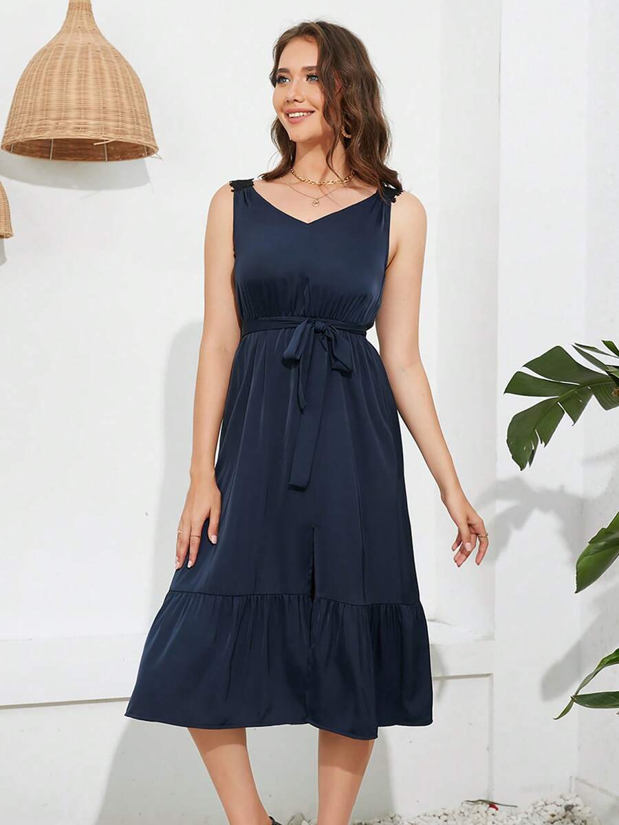 HOMEYEE Solid Ruffle Hem Belted Dress - Navy Blue - View 1