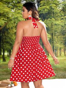 SHEIN VCAY Plus Polka Dot Print Tie Backless Halter Neck Summer Dress