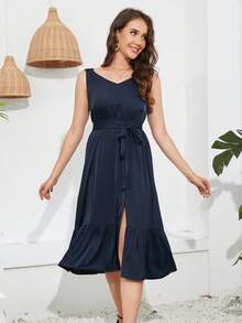 HOMEYEE Solid Ruffle Hem Belted Dress - Navy Blue - View 4