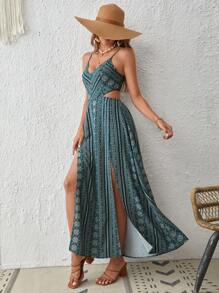 SHEIN VCAY Paisley Print Cut Out Split Thigh Cami Dress