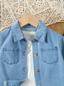 Baby Patched Pocket Denim Shirt Without Tee - Medium Wash - View 3
