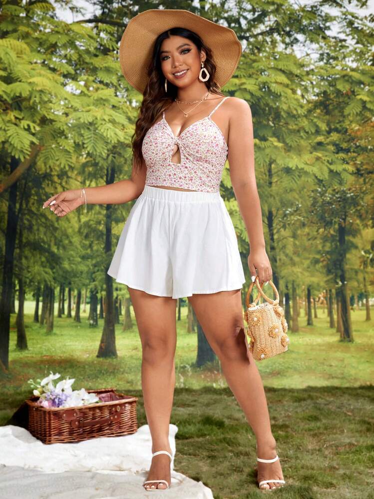 SHEIN VCAY Quần Short kích thước lớn màu trơn Giải trí - trắng - Xem 4