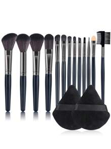 13pcs Makeup Brush Set + 2pcs Triangle Makeup Sponges, Black - Black - View 2