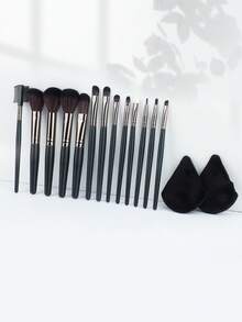 13pcs Makeup Brush Set + 2pcs Triangle Makeup Sponges, Black - Black - View 3